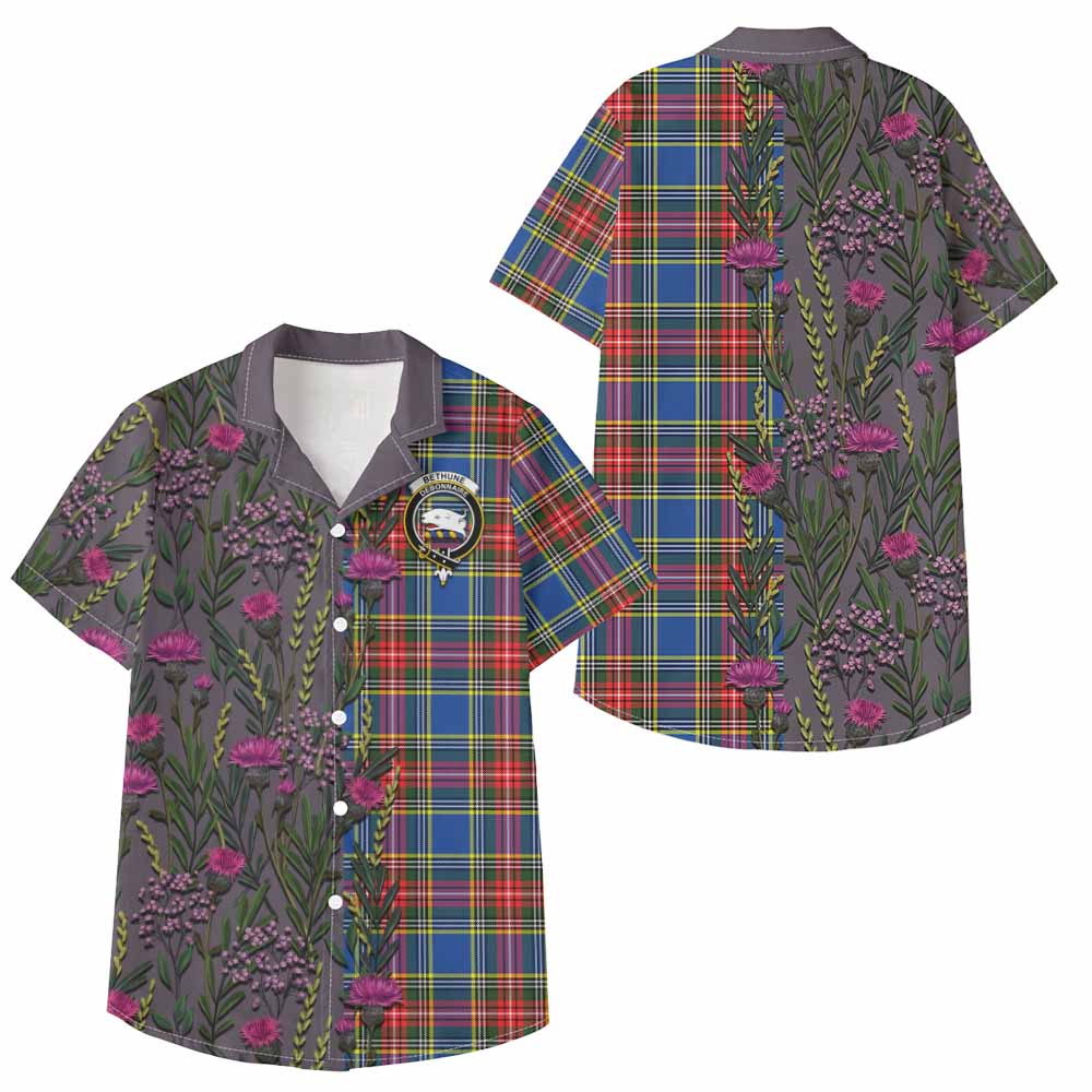 Bethune Family Crest Tartan Kid Hawaiian Shirt Scottish Thistle Flower Pattern Half Style - Tartan Vibes Clothing