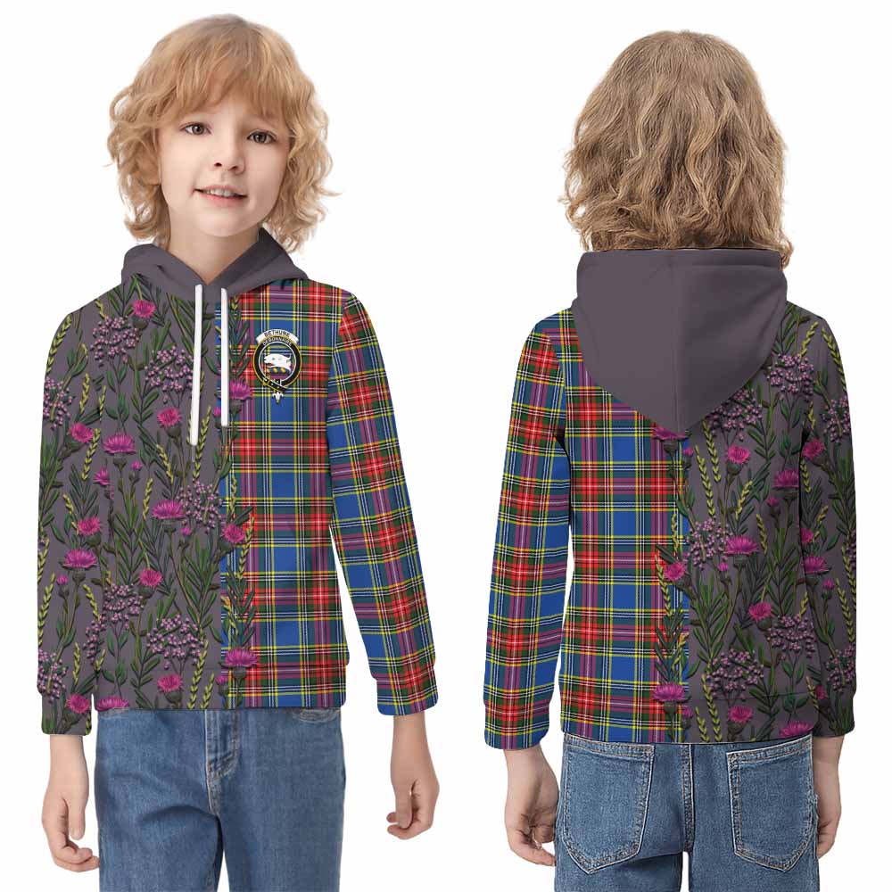 Bethune Family Crest Tartan Kid Hoodie Scottish Thistle Flower Pattern Half Style - Tartan Vibes Clothing