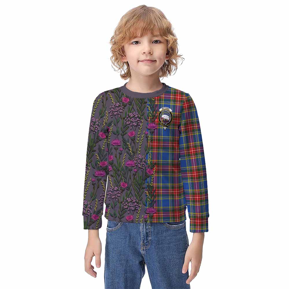 Bethune Family Crest Tartan Kid Knitted Sweatshirt Scottish Thistle Flower Pattern Half Style - Tartan Vibes Clothing