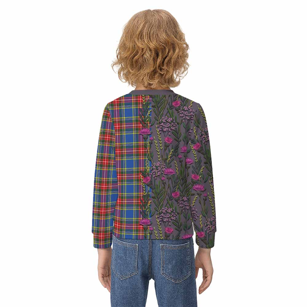 Bethune Family Crest Tartan Kid Knitted Sweatshirt Scottish Thistle Flower Pattern Half Style - Tartan Vibes Clothing