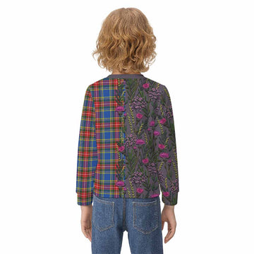 Bethune Family Crest Tartan Kid Knitted Sweatshirt Scottish Thistle Flower Pattern Half Style - Tartan Vibes Clothing