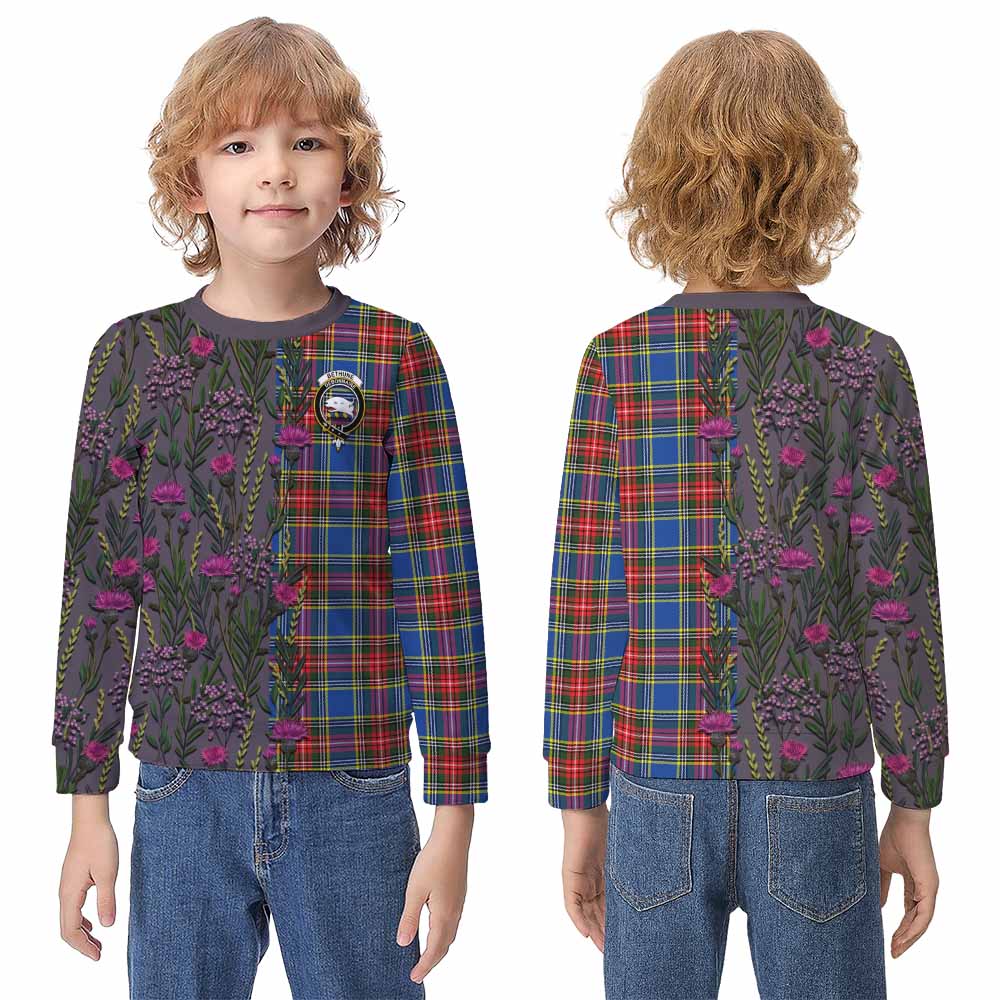 Bethune Family Crest Tartan Kid Knitted Sweatshirt Scottish Thistle Flower Pattern Half Style - Tartan Vibes Clothing