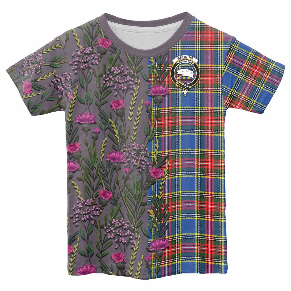 Bethune Family Crest Tartan Kid T-shirt Scottish Thistle Flower Pattern Half Style - Tartan Vibes Clothing