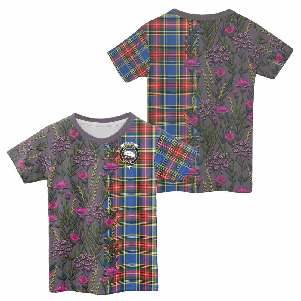 Bethune Family Crest Tartan Kid T-shirt Scottish Thistle Flower Pattern Half Style - Tartan Vibes Clothing