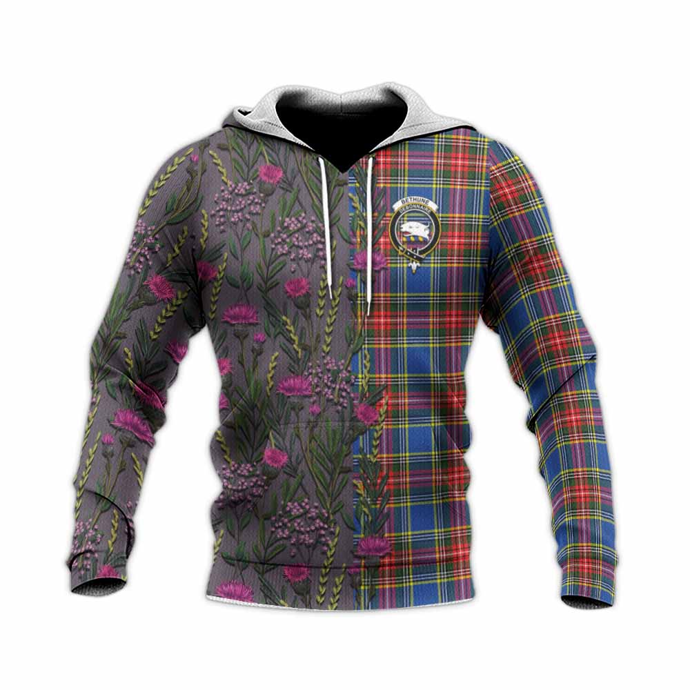 Bethune Family Crest Tartan Knitted Hoodie Scottish Thistle Flower Pattern Half Style - Tartan Vibes Clothing