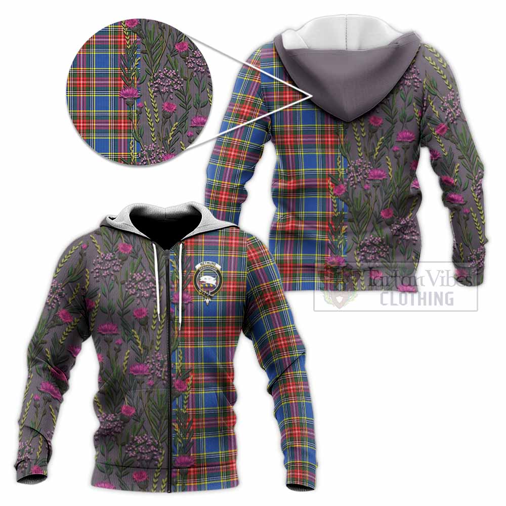 Bethune Family Crest Tartan Knitted Hoodie Scottish Thistle Flower Pattern Half Style - Tartan Vibes Clothing