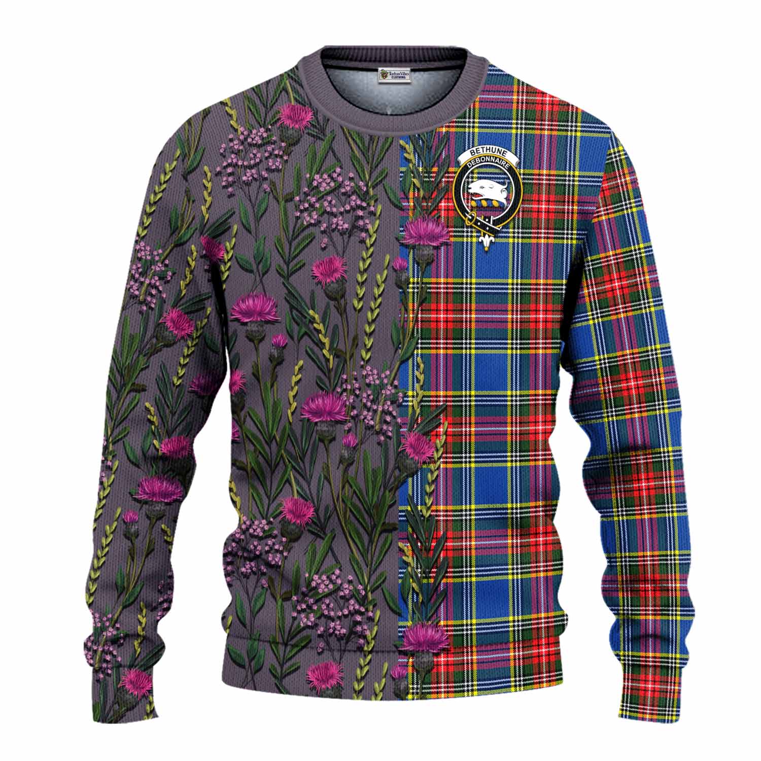 Bethune Family Crest Tartan Knitted Sweater Scottish Thistle Flower Pattern Half Style - Tartan Vibes Clothing