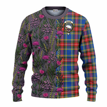 Bethune Family Crest Tartan Knitted Sweater Scottish Thistle Flower Pattern Half Style - Tartan Vibes Clothing