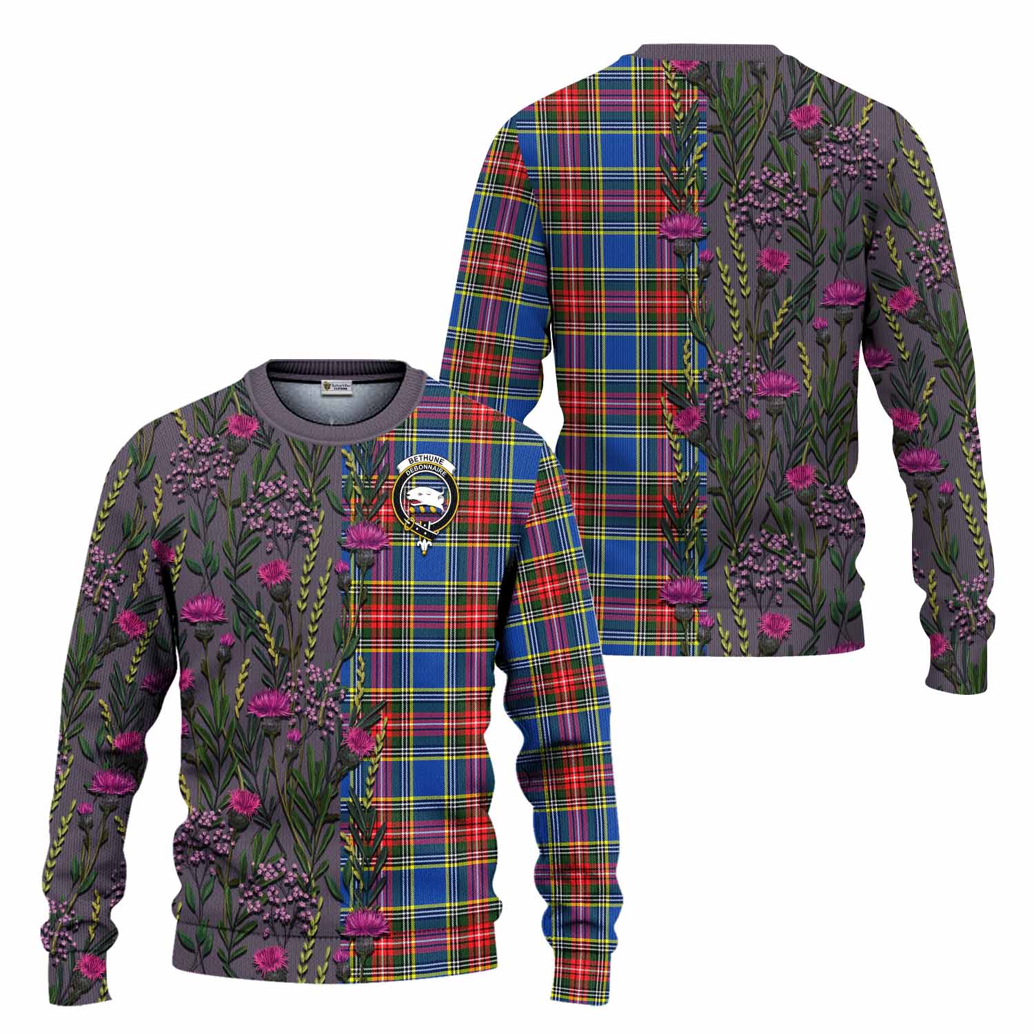 Bethune Family Crest Tartan Knitted Sweater Scottish Thistle Flower Pattern Half Style - Tartan Vibes Clothing