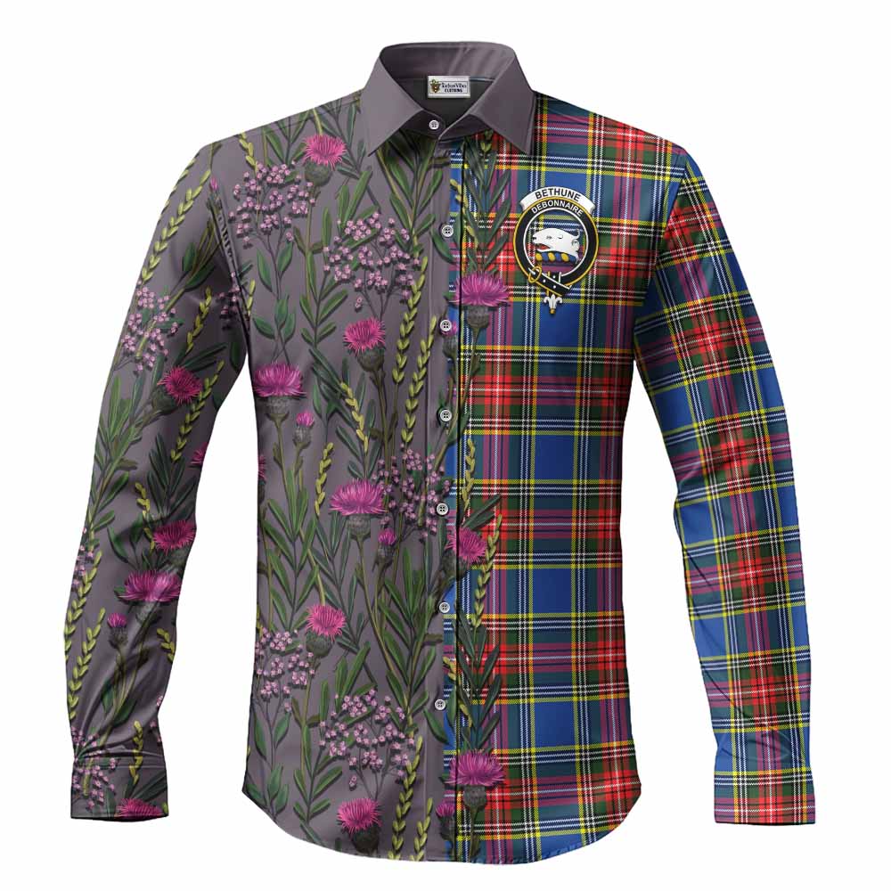 Bethune Family Crest Tartan Long Sleeve Button Shirts Scottish Thistle Flower Pattern Half Style - Tartan Vibes Clothing