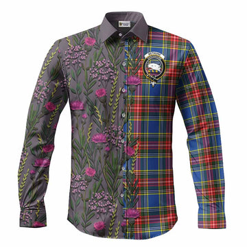 Bethune Family Crest Tartan Long Sleeve Button Shirts Scottish Thistle Flower Pattern Half Style