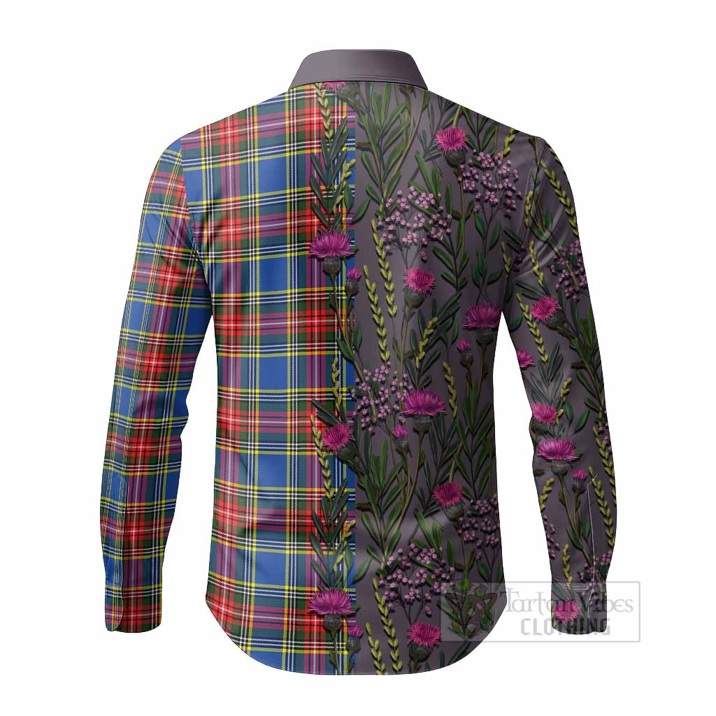 Bethune Family Crest Tartan Long Sleeve Button Shirts Scottish Thistle Flower Pattern Half Style - Tartan Vibes Clothing