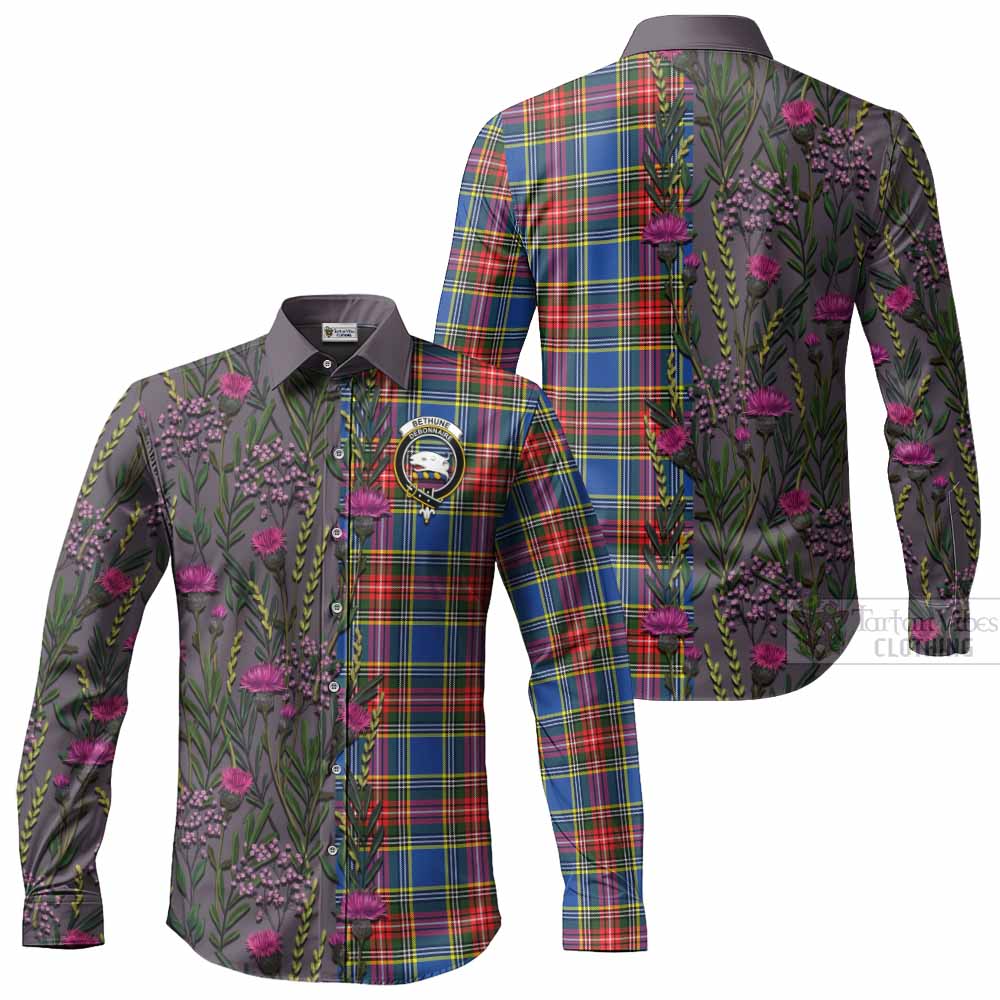 Bethune Family Crest Tartan Long Sleeve Button Shirts Scottish Thistle Flower Pattern Half Style - Tartan Vibes Clothing