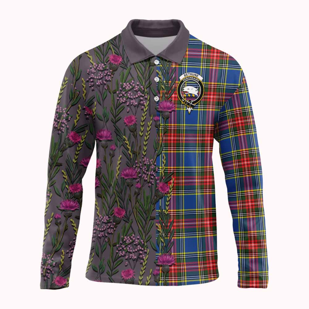Bethune Family Crest Tartan Long Sleeve Polo Shirt Scottish Thistle Flower Pattern Half Style - Tartan Vibes Clothing