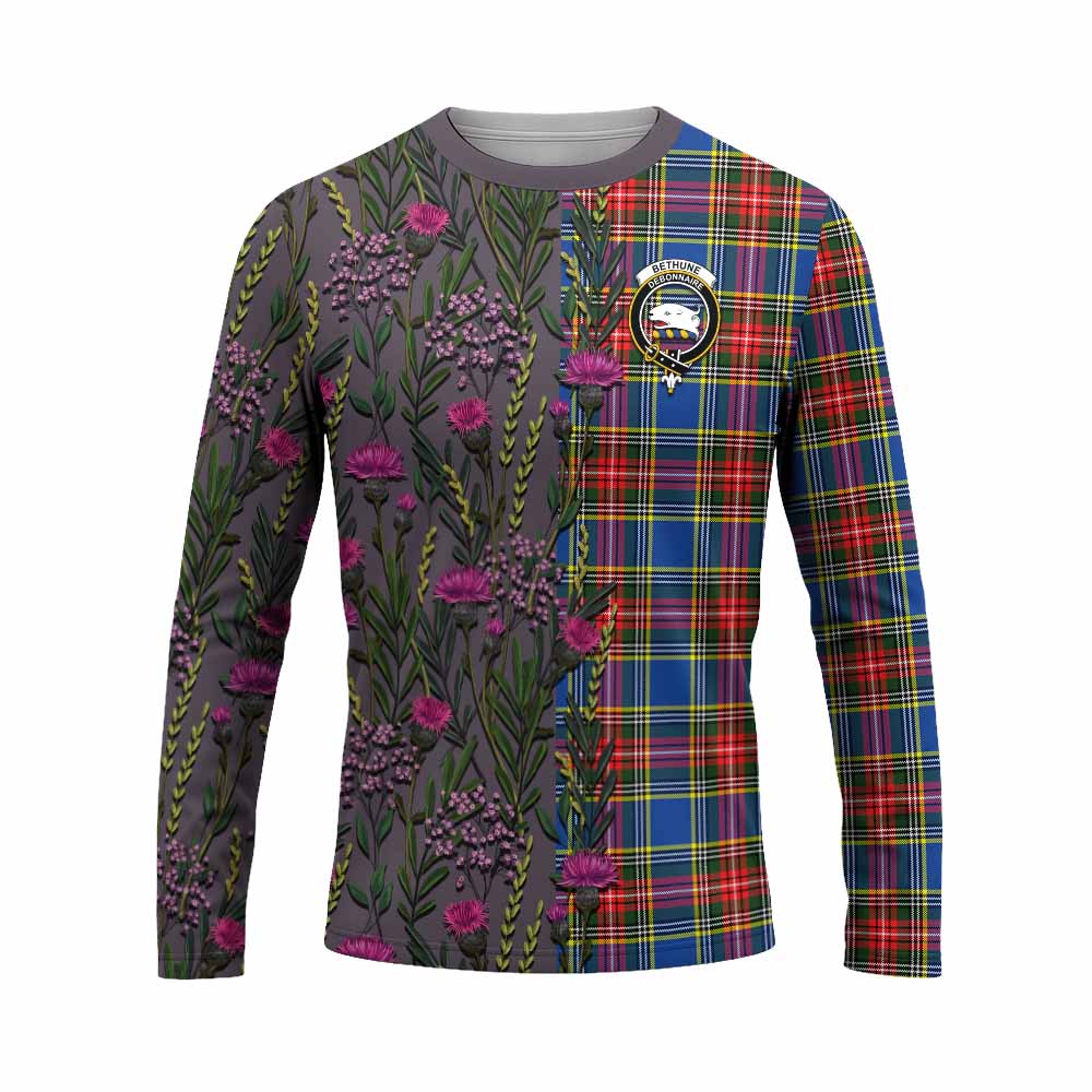 Bethune Family Crest Tartan Long Sleeve T-Shirt Scottish Thistle Flower Pattern Half Style - Tartan Vibes Clothing
