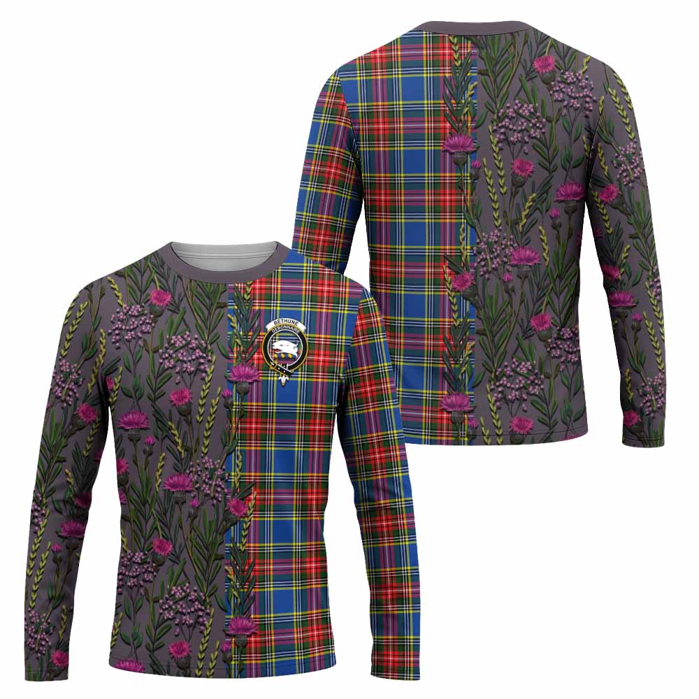 Bethune Family Crest Tartan Long Sleeve T-Shirt Scottish Thistle Flower Pattern Half Style - Tartan Vibes Clothing