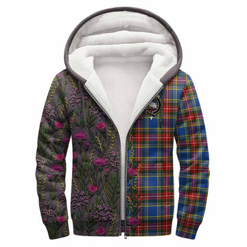Bethune Family Crest Tartan Sherpa Hoodie Scottish Thistle Flower Pattern Half Style