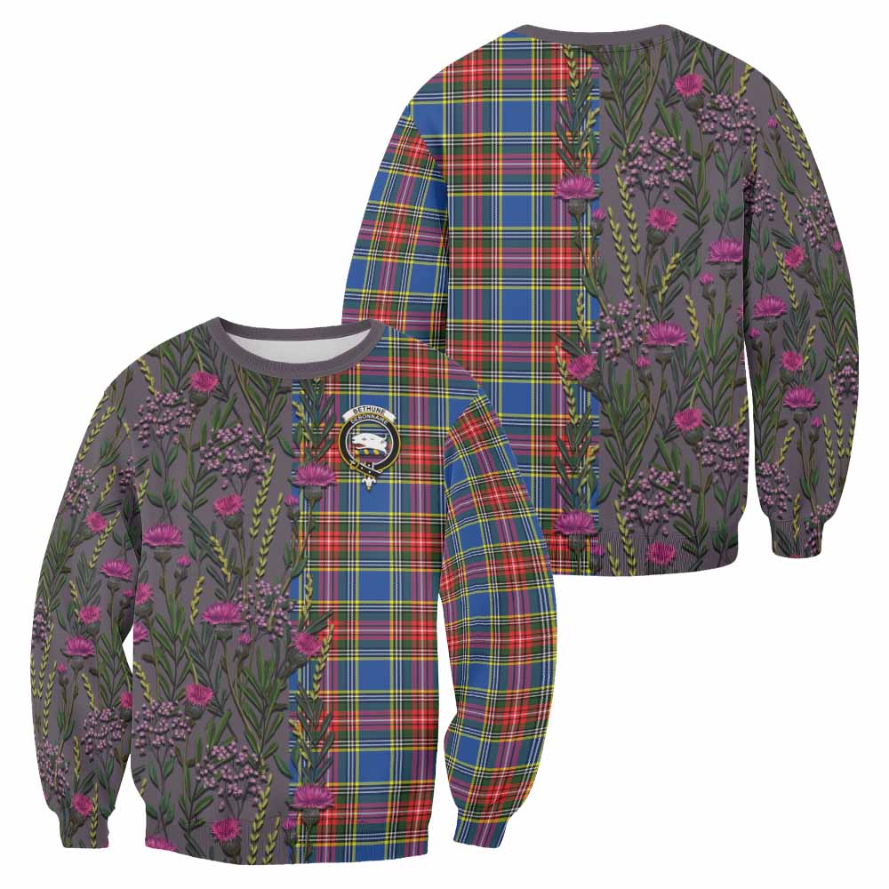 Bethune Family Crest Tartan Sweatshirt Scottish Thistle Flower Pattern Half Style - Tartan Vibes Clothing