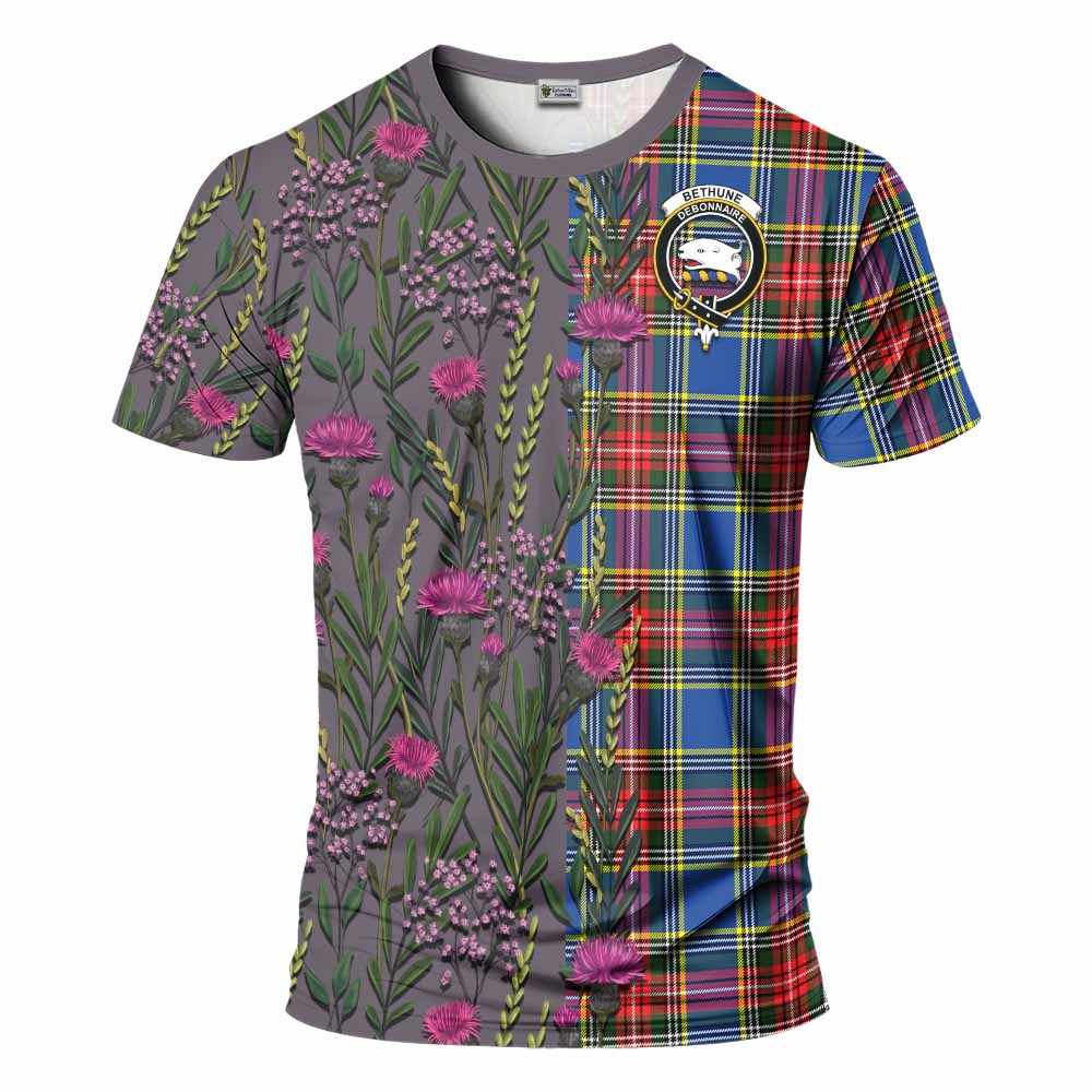 Bethune Family Crest Tartan T-Shirt Scottish Thistle Flower Pattern Half Style - Tartan Vibes Clothing