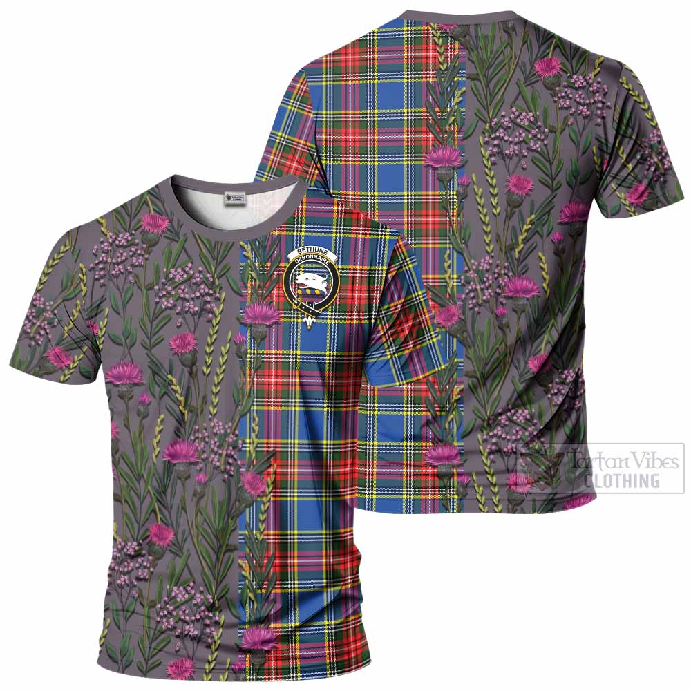 Bethune Family Crest Tartan T-Shirt Scottish Thistle Flower Pattern Half Style - Tartan Vibes Clothing