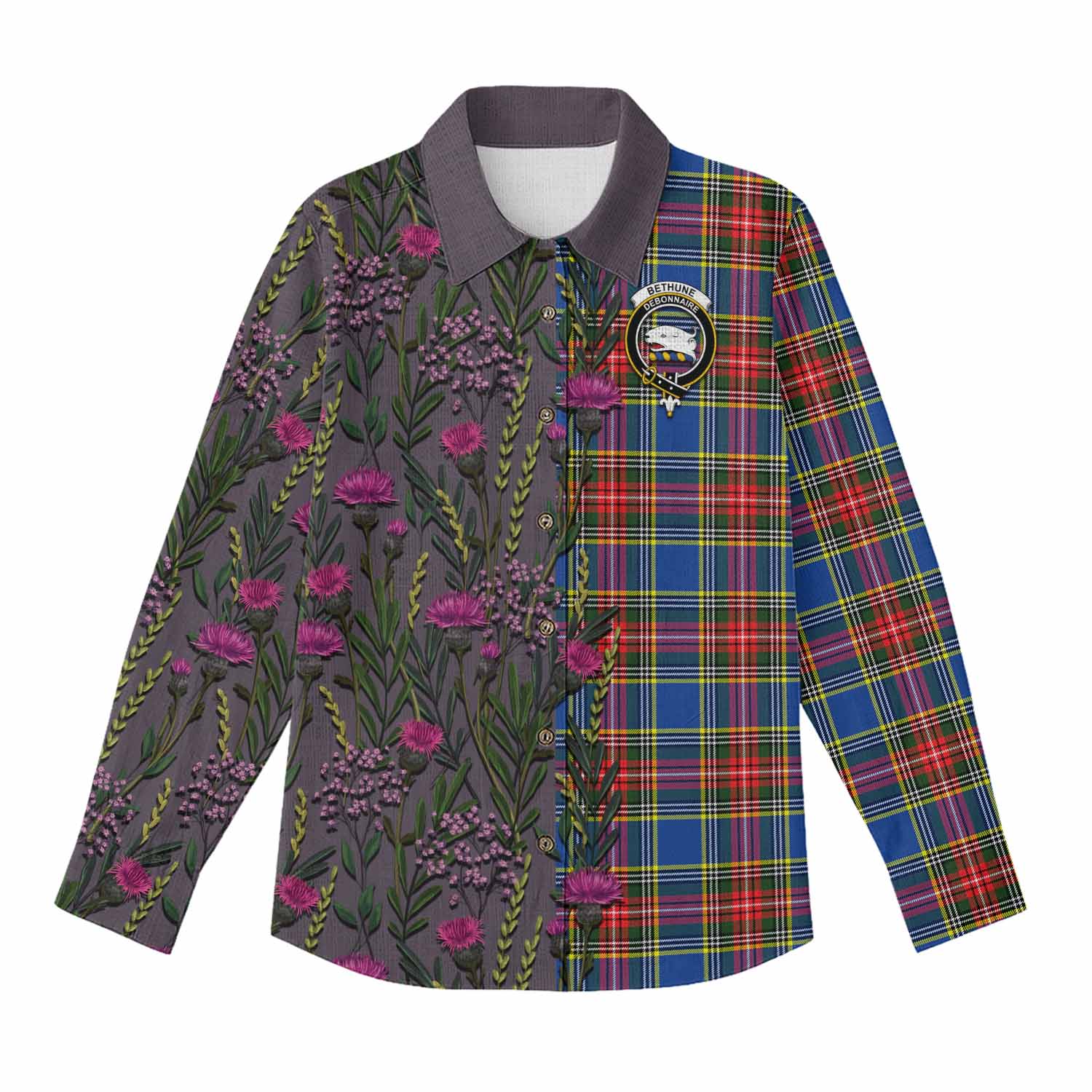 Bethune Family Crest Tartan Women Casual Shirt Scottish Thistle Flower Pattern Half Style - Tartan Vibes Clothing