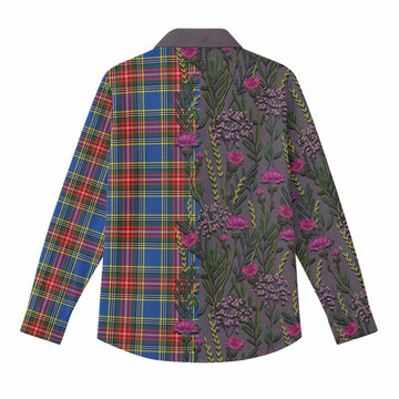 Bethune Family Crest Tartan Women Casual Shirt Scottish Thistle Flower Pattern Half Style