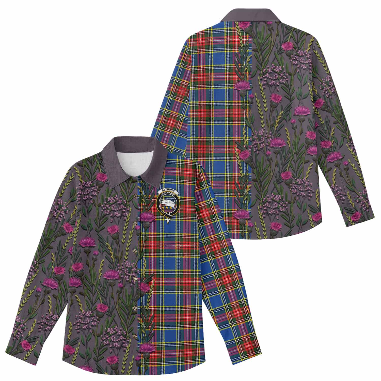 Bethune Family Crest Tartan Women Casual Shirt Scottish Thistle Flower Pattern Half Style - Tartan Vibes Clothing
