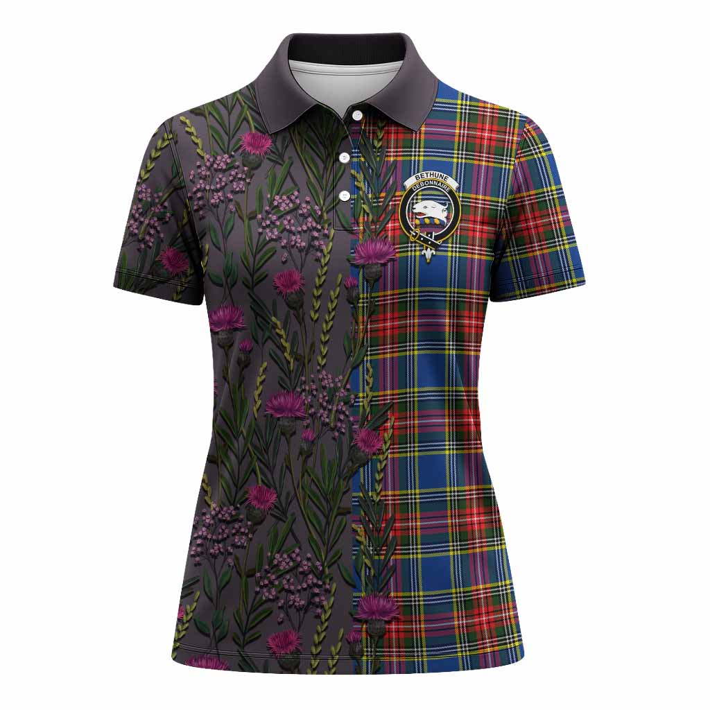 Bethune Family Crest Tartan Women Polo Shirt Scottish Thistle Flower Pattern Half Style - Tartan Vibes Clothing