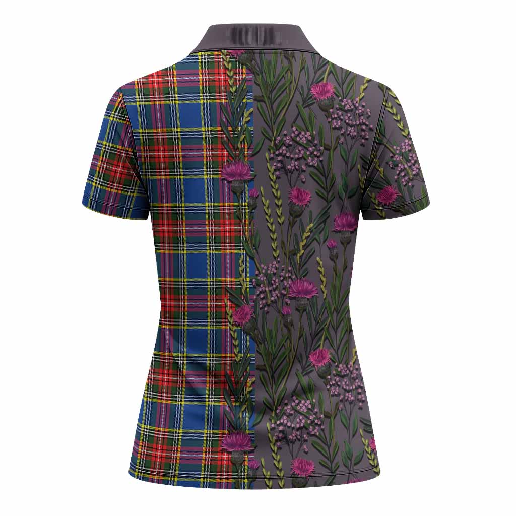 Bethune Family Crest Tartan Women Polo Shirt Scottish Thistle Flower Pattern Half Style - Tartan Vibes Clothing
