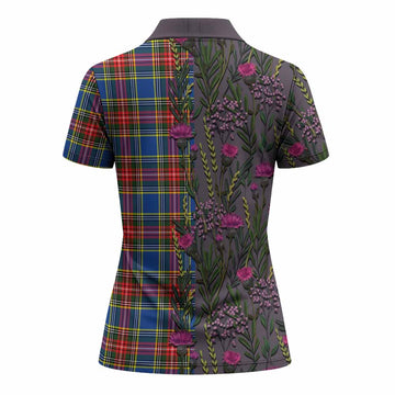Bethune Family Crest Tartan Women Polo Shirt Scottish Thistle Flower Pattern Half Style