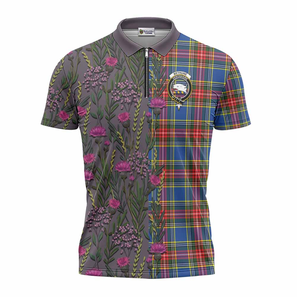 Bethune Family Crest Tartan Zipper Polo Shirt Scottish Thistle Flower Pattern Half Style - Tartan Vibes Clothing