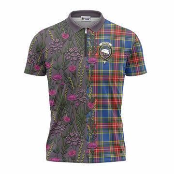 Bethune Family Crest Tartan Zipper Polo Shirt Scottish Thistle Flower Pattern Half Style