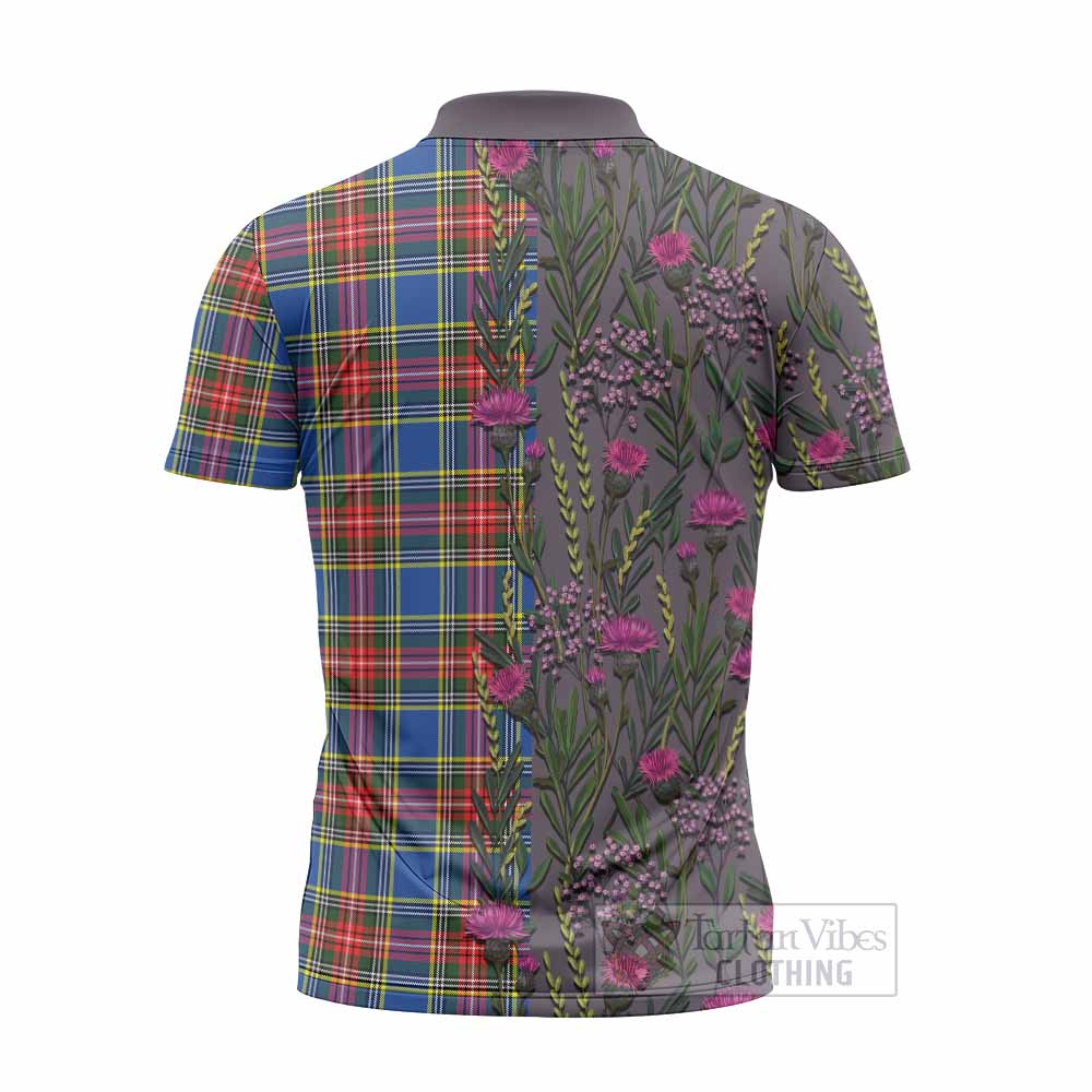 Bethune Family Crest Tartan Zipper Polo Shirt Scottish Thistle Flower Pattern Half Style - Tartan Vibes Clothing