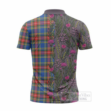 Bethune Family Crest Tartan Zipper Polo Shirt Scottish Thistle Flower Pattern Half Style