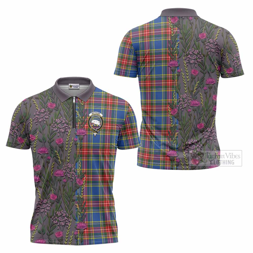 Bethune Family Crest Tartan Zipper Polo Shirt Scottish Thistle Flower Pattern Half Style - Tartan Vibes Clothing