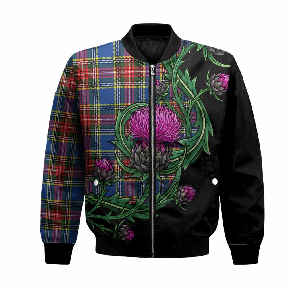 Bethune Tartan Bomber Jacket Resilient Scottish Thistle Unisex Black - Tartan Vibes Clothing