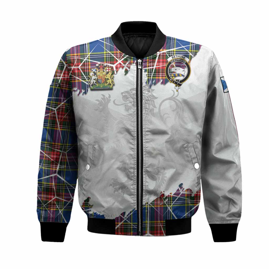 Bethune Tartan Bomber Jacket with Family Crest and Lion Rampant Grunge Style