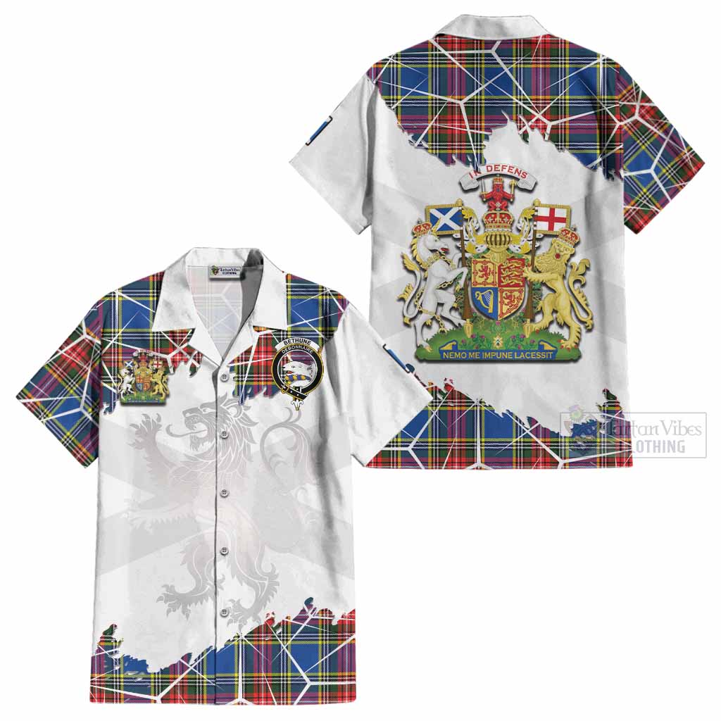 Bethune Tartan Cotton Hawaiian Shirt with Family Crest and Lion Rampant Grunge Style