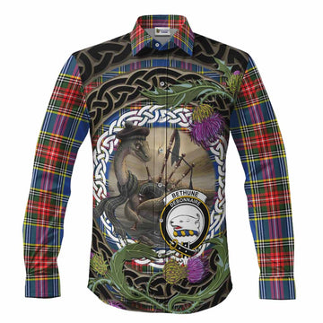 Bethune Tartan Crest Bagpipe Nessie Long Sleeve Button Shirts Scottish Loch Ness Monster Celtic Thistle