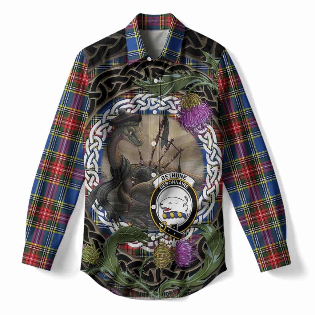 Bethune Tartan Crest Bagpipe Nessie Women Casual Shirt Scottish Loch Ness Monster Celtic Thistle