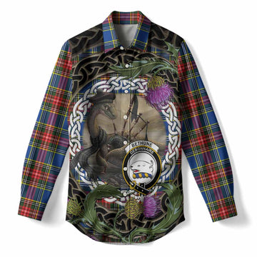 Bethune Tartan Crest Bagpipe Nessie Women Casual Shirt Scottish Loch Ness Monster Celtic Thistle