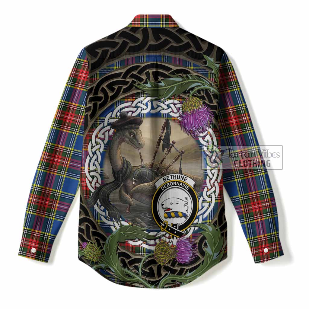 Bethune Tartan Crest Bagpipe Nessie Women Casual Shirt Scottish Loch Ness Monster Celtic Thistle