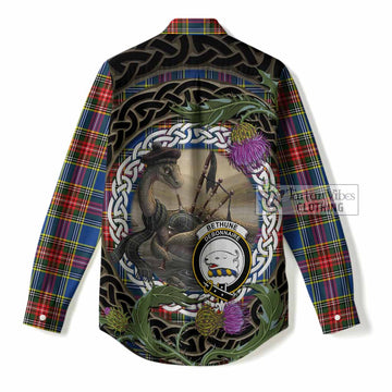 Bethune Tartan Crest Bagpipe Nessie Women Casual Shirt Scottish Loch Ness Monster Celtic Thistle