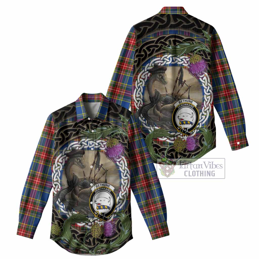 Bethune Tartan Crest Bagpipe Nessie Women Casual Shirt Scottish Loch Ness Monster Celtic Thistle