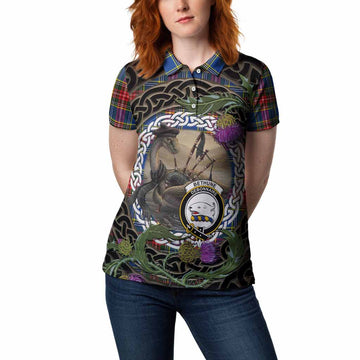 Bethune Tartan Crest Bagpipe Nessie Women Polo Shirt Scottish Loch Ness Monster Celtic Thistle
