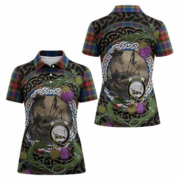 Bethune Tartan Crest Bagpipe Nessie Women Polo Shirt Scottish Loch Ness Monster Celtic Thistle