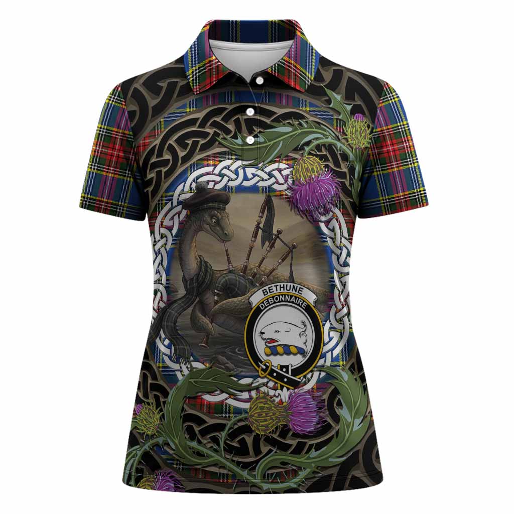 Bethune Tartan Crest Bagpipe Nessie Women Polo Shirt Scottish Loch Ness Monster Celtic Thistle