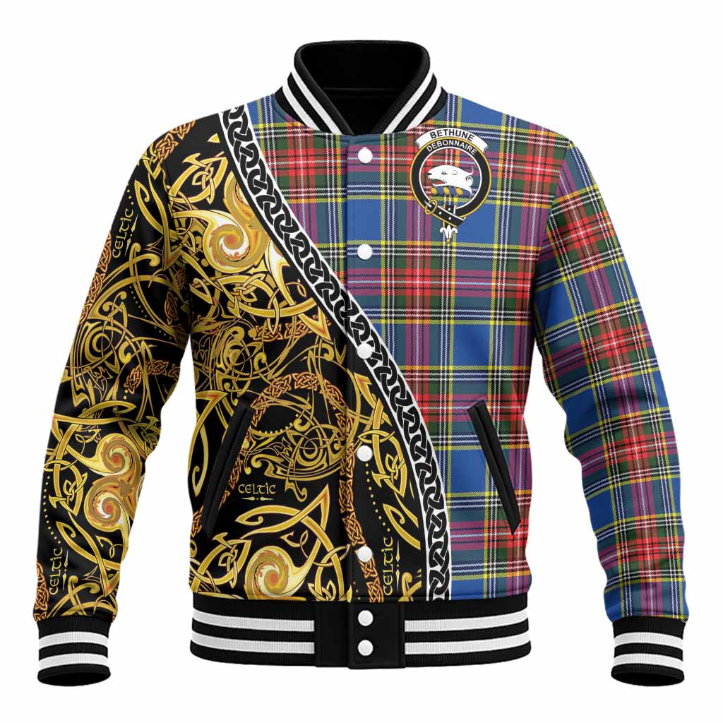 Bethune Tartan Crest Baseball Jacket Celtic Knot and Triple Trickle Spiral Symbols