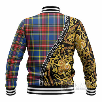 Bethune Tartan Crest Baseball Jacket Celtic Knot and Triple Trickle Spiral Symbols