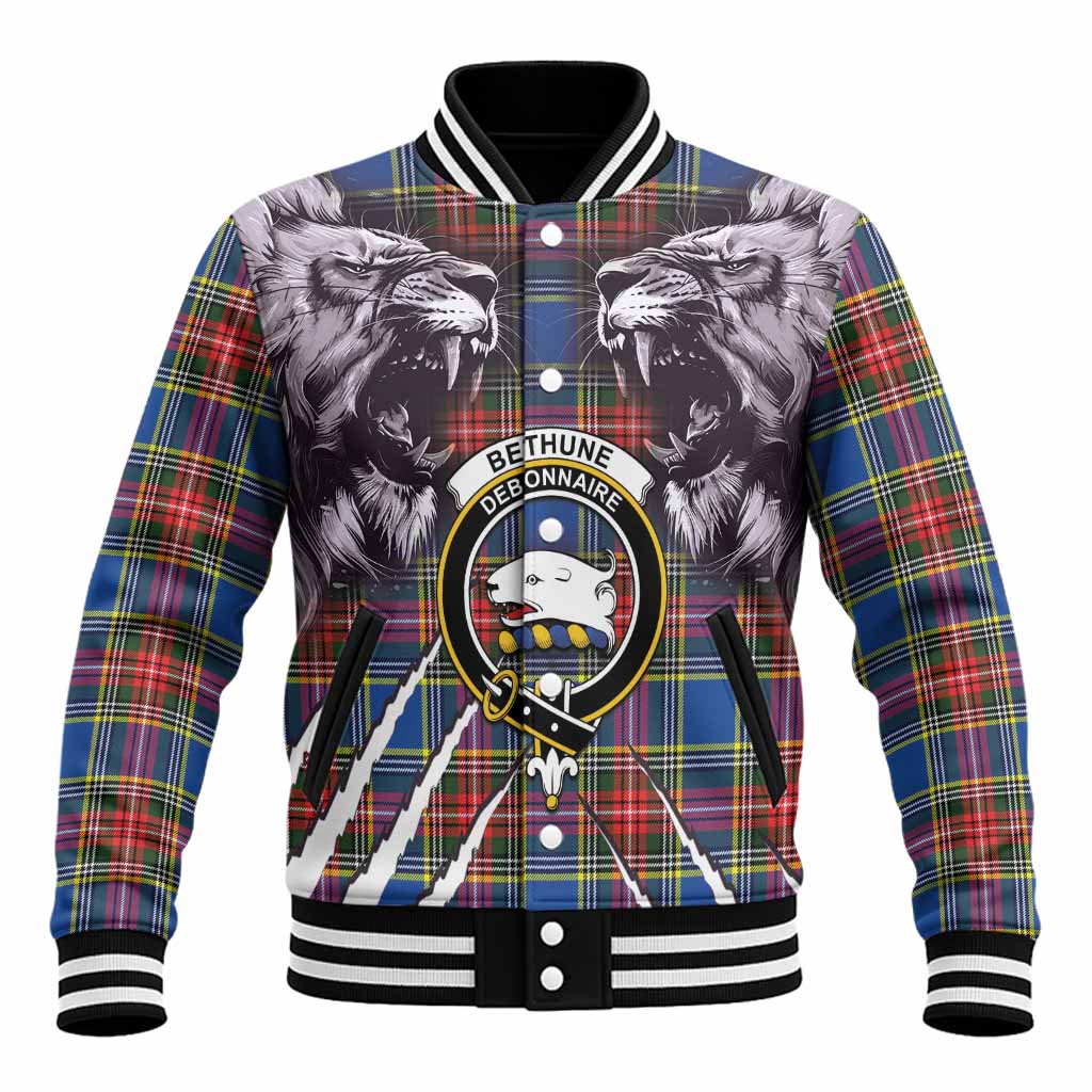 Bethune Tartan Crest Baseball Jacket Ferocious Lion Style